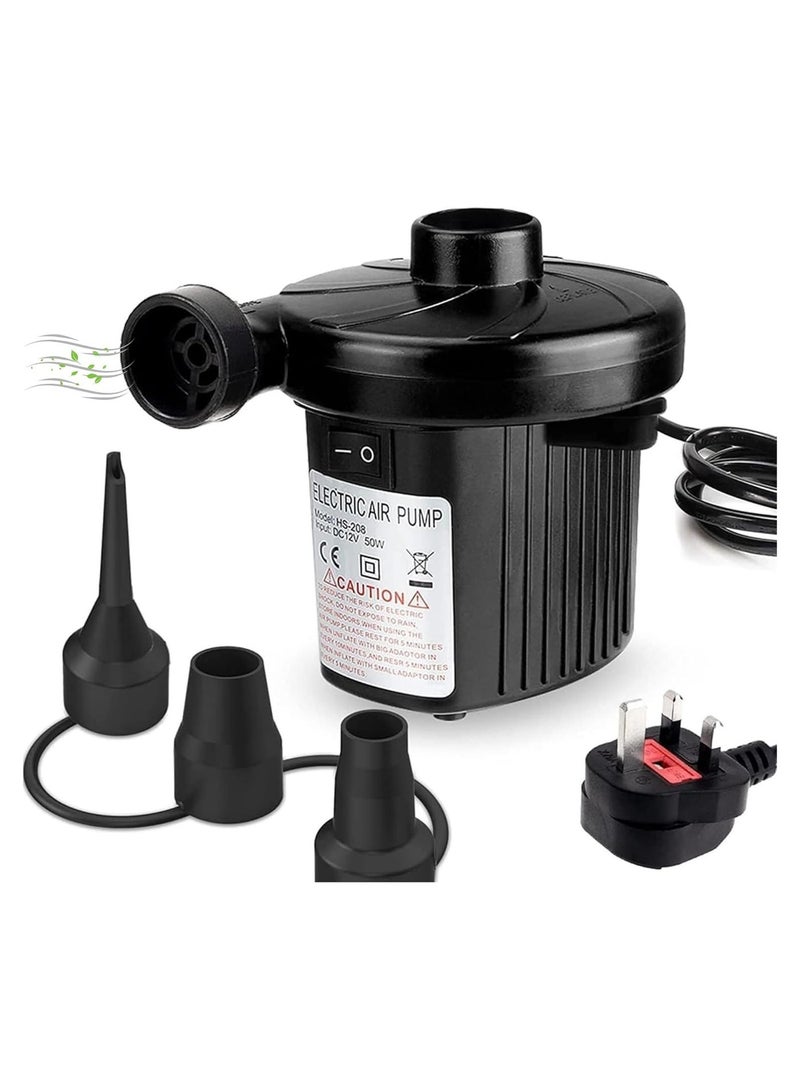 مضخة هواء كهربائية محمولة، مضخة هواء كهربائية مع 3 فوهات، مضخة هواء كهربائية سريعة التعبئة للتخييم في الهواء الطلق، قابلة للنفخ، قوارب، طوف، حمام سباحة، عوامات، أسود - Image 2